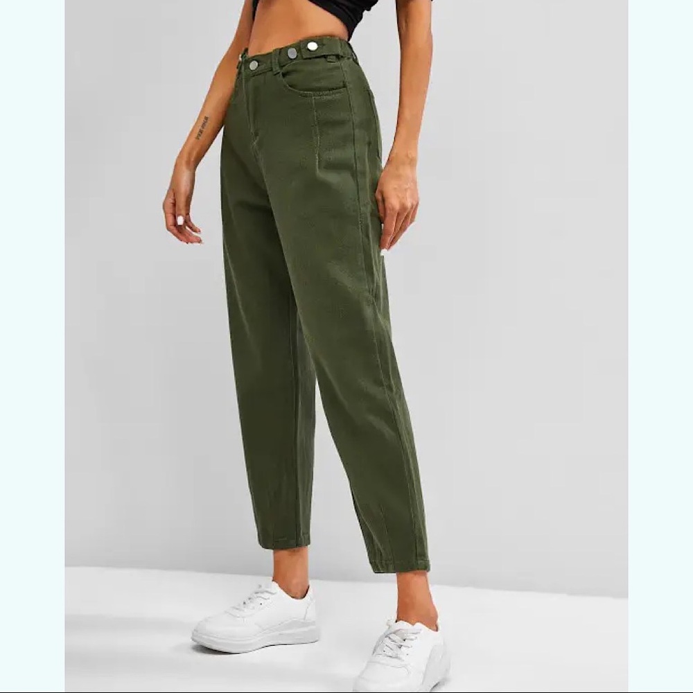 High Waisted Buttoned Tabs Tapered Jeans - Seaweed Green